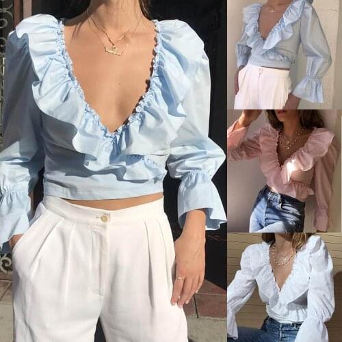 Fashion Womens Sexy Elegant Woman Long Sleeve Blouse Autumn Blouse Blue White Short Top Long Sleeve Ruffles Slim Bodycon Shirts