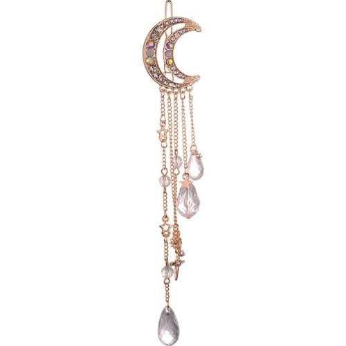 New Arrival Fashion Sweet Fancy Rhinestone Clear Crystal Long Tassel Hair Clip Cross Charm Moon Shape Hair Pin For Birthday Gift