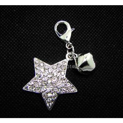 New crystals metal star bell charms dog collar jewelry ornament accessories 6pcs lot