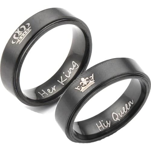 Wholesale Party Gifts His queen her king DIY engraving couple ring romantic engagement wedding ring Black Silver Color Jewelry