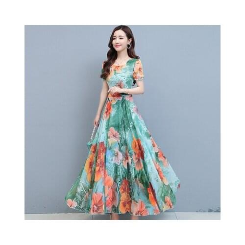 Women Dress Summer Chiffon Floral Print Waist Thin Short Sleeve O-neck A-line Beach Vestidos Sukienki Sukienka Vadim 5153