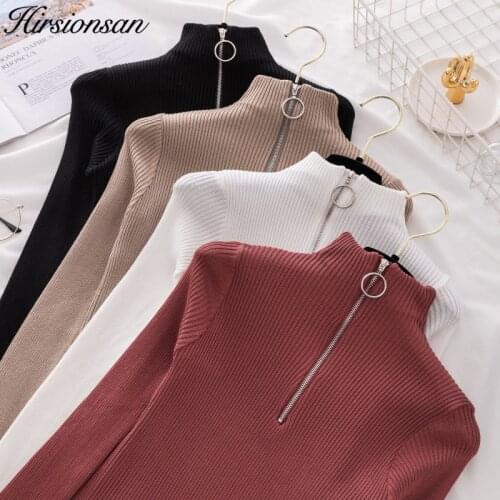 Hirsionsan Women Sweaters and Pullovers 2019 Autumn Winter Ring Zipper Knitted Jumper Chic Solid Sweaters Casual Pull Femme
