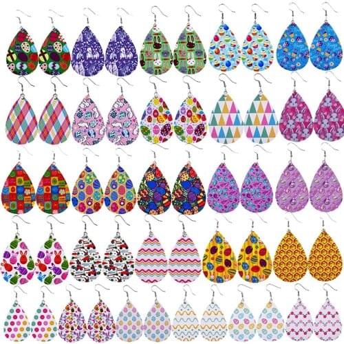 Happy Easter Colorful Teardrop Printed Leather Earrings Rabbit Pattern Water Drop Earrings Holiday Gifts 2021
