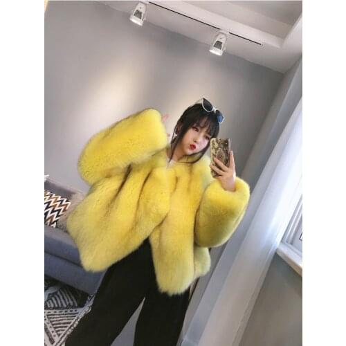 2019 Winter New Womens Fox Fur Coat Locomotive Fur Coat Short Style Womens Fur Jacket Yellow Oversize Coat
