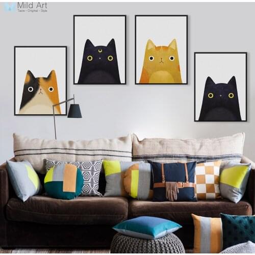 Modern Watercolor Kawaii Black Cat Face Poster Print Nordic Style Baby Room Wall Art Picture Home Decor Canvas Painting Custom