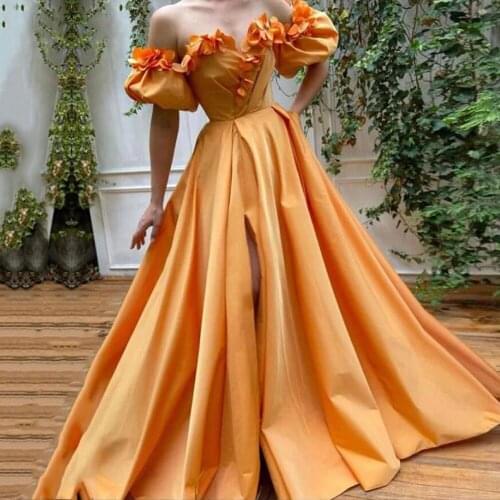Orange Front/Side Slit Evening Dresses A-line Sweetheart Party Dresses Sweep/Brush Handmade Flower Sleeveless Party Gowns 2021