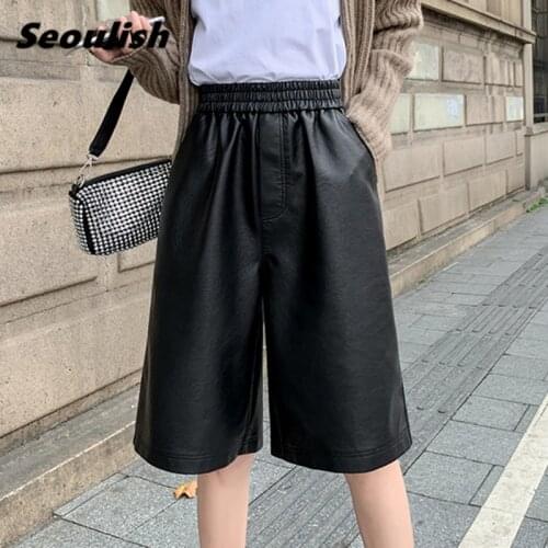Plus Size 2020 New Autumn Winter Black PU Faux Leather Women Half Pants High Waist Wide Leg Pants Vintage Loose Trousers Pocket