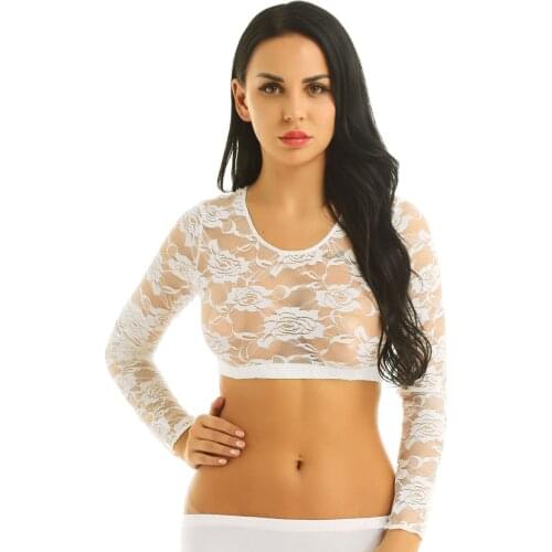 Womens Basic Long Sleeve Floral Lace Undergarment Crop Top Arm Shapers Mesh See Through Sheer Crop Tops Short Blouse T-shirt