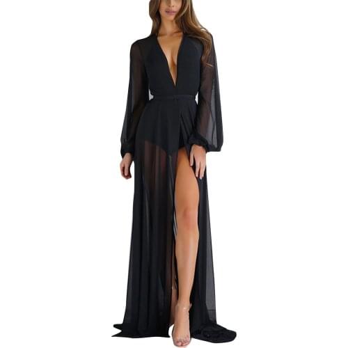2021 New Sexy Women Summer Maxi Dresses Cover Up Dress Thin Mesh Long Sleeve Beach Holiday Fashion Dress Robe Femme (Only Cover)