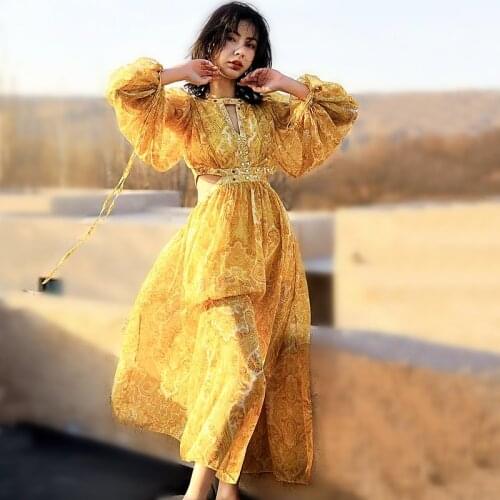 Luxury Golden Floral PrintedDress Women Dresses Long Lantern Sleeve Holiday Beach Rivet Hollow Out Party Summer Dresses SY025