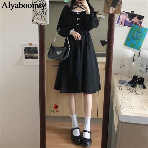 Japanese Harajuku Women Streetwear Autumn Dress Cross Collar Gothic Black Bow Elastic-Waisted Dress Cute Kawaii Lolita Dresses