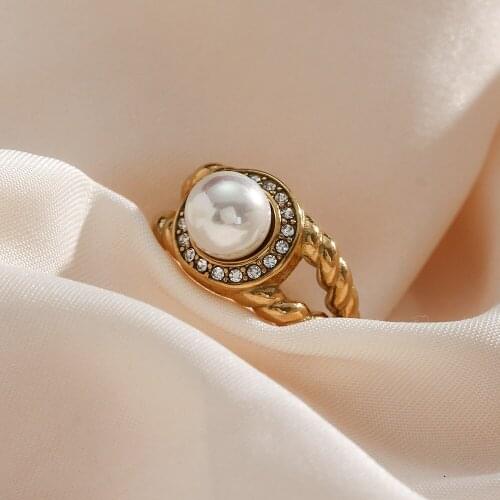 Vintage 18K Gold Plated Stainless Steel CZ Round Pearl Rings for women Vintage side texture Womens Tarnish Free Jewelry