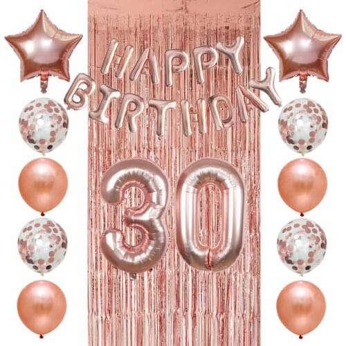 26Pcs Birthday Party Balloon 18 20 30 40 50th Number Balloons Adult Birthday Decoration Letter Confetti Rose Gold Rain Curtain