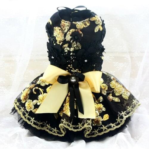 Free Shipping Handmade Dog Clothes Princess Dress Black Lace Gold Sequin Flowers More Layers Tulle Skirt Evening Party Pet Tutu