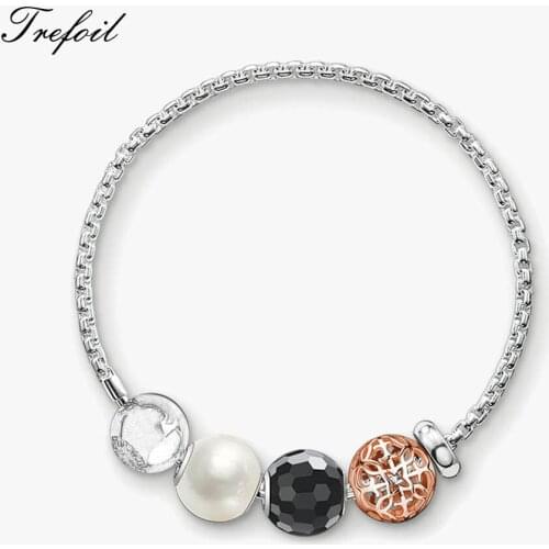 Bracelet Link Chain Pearl Arabesque Bead Karma with 925 Sterling Silver Chain,2018 Fashion Jewelry Trendy Gift for Women Girls