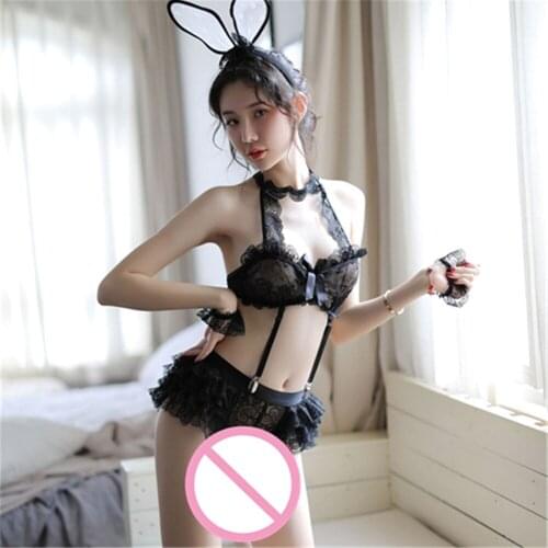 Erotic Open Crotch Bunny Girl Pajamas Perspective Lace Nightdress Porn Maid Costume Sexy Underwear Home Service Bunny Lingerie