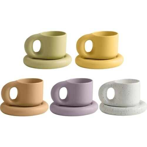 Ceramic Mug Fat Handle Coffee Mug w/ Plate Milk Water Drink Cup Microwave and Dishwasher Safe for Office and Home for Friends