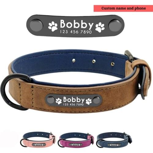 Leather Custom Dog Collar,Engraved Dog Collars with Personalized Nameplate,Padded Custom Collar for Small Medium Large Dogs