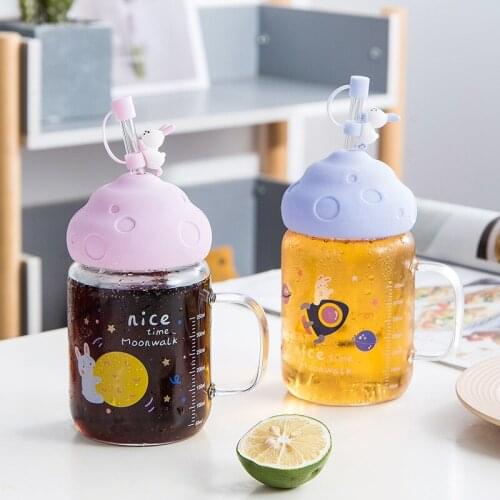 Creative Space Series Glass Mugs Lovely Cartoon Silicone Lids Childrens Water Cup With Straw Scale Milk Tea Cup Birthday Gift