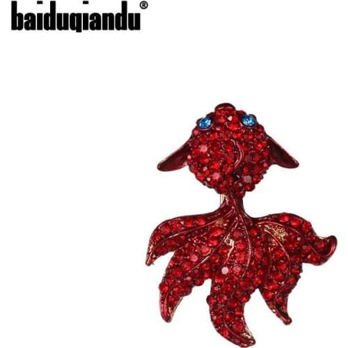 Baiduqiandu Brand New Arrival Fashion Red Rhinestones Pave Goldfish Brooch Pins For Women Dress Jewelry Accessories