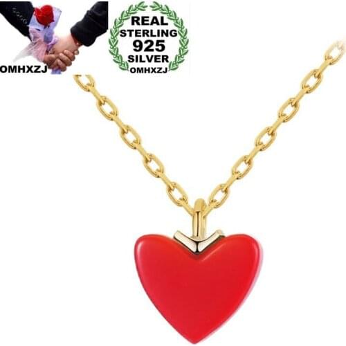 OMHXZJ Wholesale European Fashion Woman Girl Party Wedding Gift Red Heart 925 Sterling Silver Pendant Necklace NA21