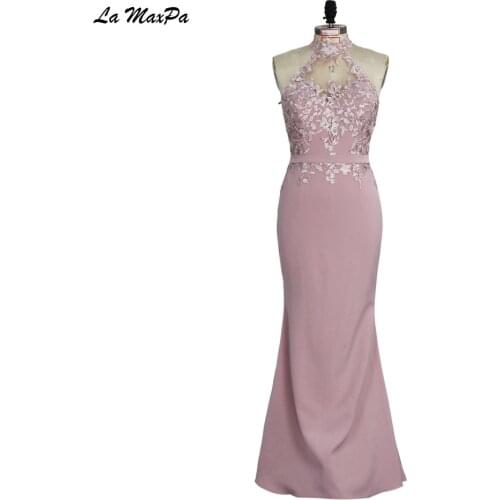 Halter Neck Dusty Pink Crepe Trumpet Bridesmaid Dress CMT143