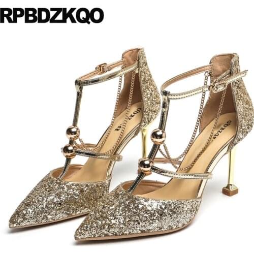 Size 4 34 ladies shoes glitter footwear scarpin 2019 silver high heels sandals pumps thin stiletto pointed toe golden bridal