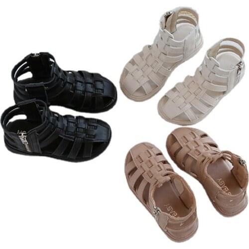 Girl Sandals Summer Fashion Roman Sandals Kids Princess Shoes Flat Heels Beach Sandals Black Pink Beige SMG218