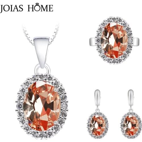 JoiasHome charms silver 925 jewelry sets Oval Gemstones Fashion Womens Wear Jewelry Weedding Ring Earrings Pendant Necklace