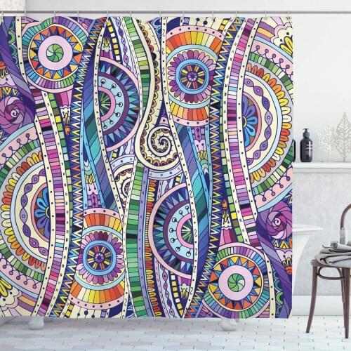 Floral Shower Curtain Geometric Mosaic Style Colorful Illustration Flower Pattern Ornamental Doodle Art Fabric Bathroom Decor