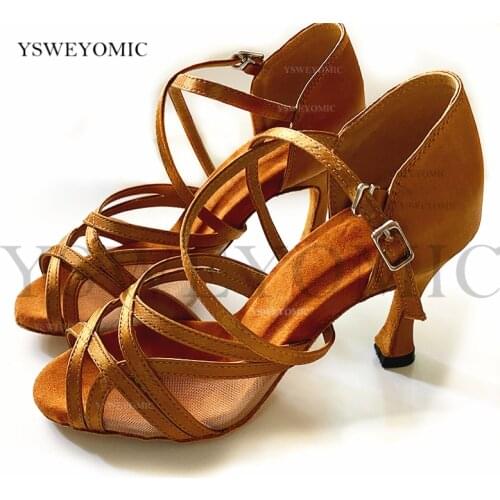 New Women Latin Dance Shoes For Ladies Girls Soft Ballroom Tango Latin Satin Brown Dancing Shoes With Customized Cuban Heel 9cm