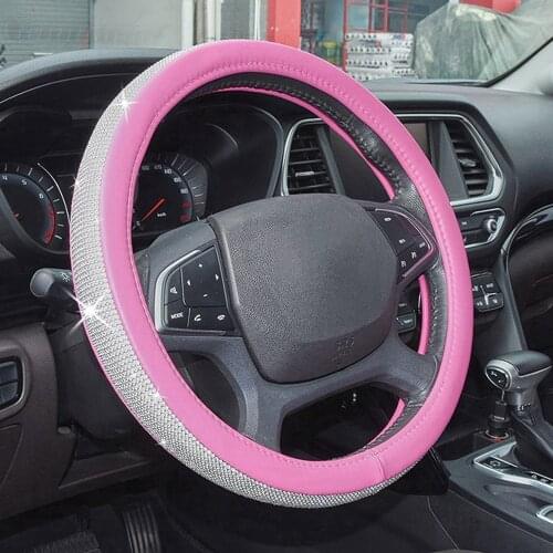 Bling Rhinestone Covered Full Clear Crystal Pink PU Leather Auto Car Steering Wheel Cover for Girls 38CM 15"