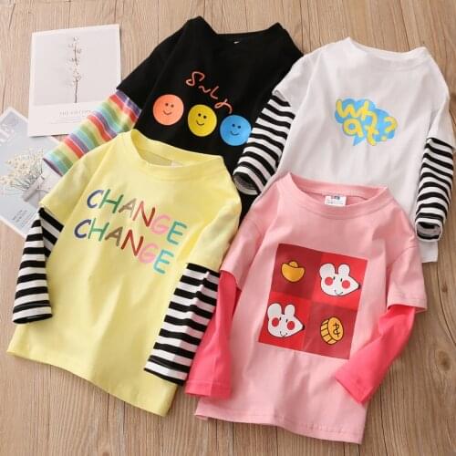 2021 Spring Autumn 2 3 4 -10 Years Children Cotton Striped Color Patchwork Cartoon Long Sleeve Basic T-Shirt For Baby Kids Girls