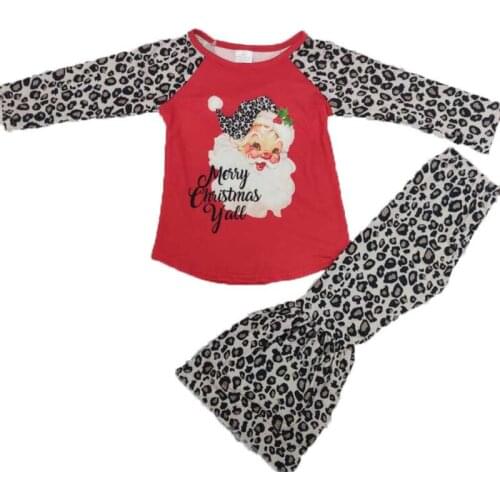 Spring Autumn Outfits Girls Outfits Long Sleeves Tops Leopard Bell Bottom Pants Christmas Boutique Kids Clothing-Sets