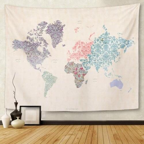 Vintage World Map on Linen Canvas with Whimsical Quilt Detail Asia Australia Tapestry Wall Hanging for Living Room Bedroom Dorm