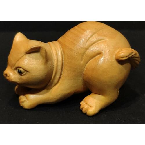 Y7460b - Stunning 2" Hand Carved Japanese Boxwood Netsuke Figurine Carving : Vivid Cat