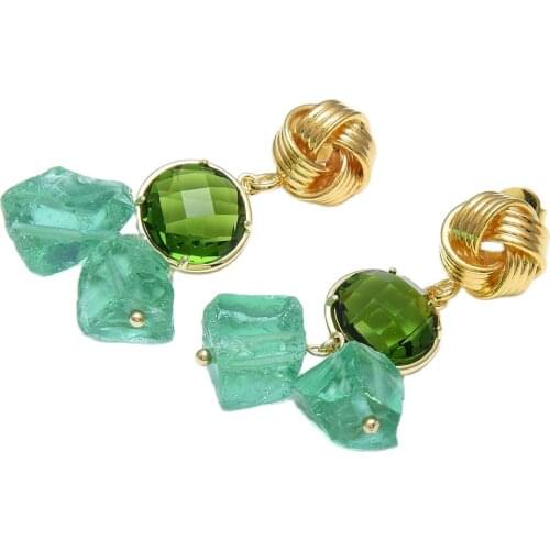GuaiGuai Jewelry Natural Green Glass Quartzs Crystal Connector Gold Color Plated Flower Stud Earrings Handmade For Women