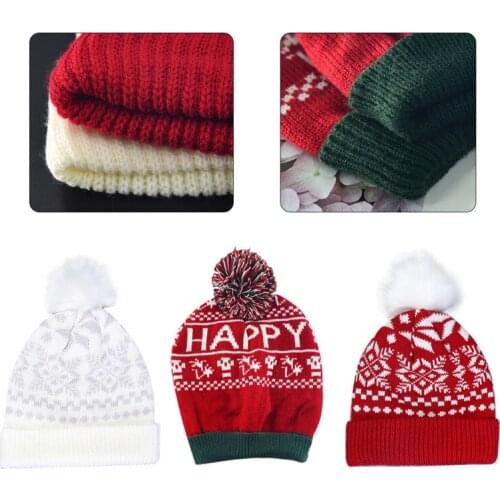Women Christmas Snowflake Knitted Beanie Hat Cute Fluffy Pompom Stretch Cuffed Cap Holiday Ski Ear Warmer Winter