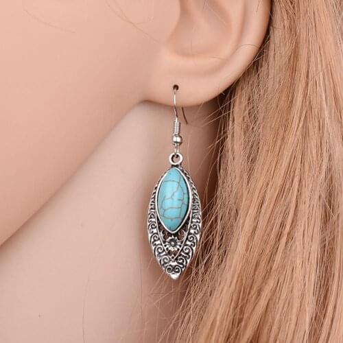 Women Bohemian Inlaid Artificial Openwork Carved Drop Dangle Hook Earrings