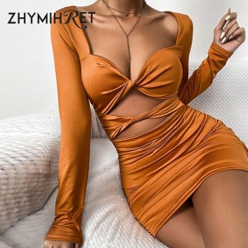 ZHYMIHRET Wrap Hollow Out Ruched Dress For Women 2021 Autumn Sexy V Neck Long Sleeve Party Night Bodycon Dress Female