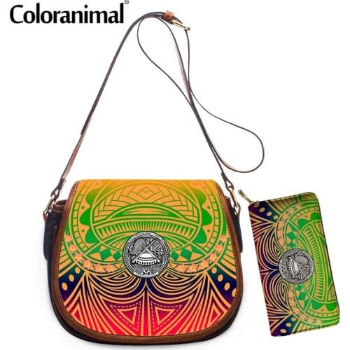 Coloranimal Hot Girls 2Set Shoulder Bag With Wallet Samoan Polynesian Plumeria Printed Women Crossbody Bag PU Leather Tote Bolsa