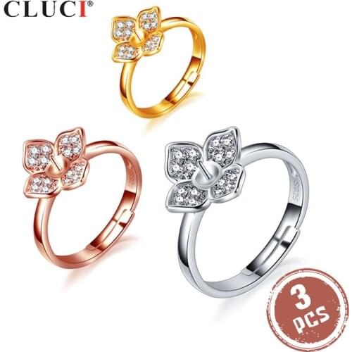 CLUCI 3pcs 925 Sterling Silver Women Flower Ring for Jewelry Adjustable Pearl Ring Mounting Silver 925 Zircon Rings SR2244SB