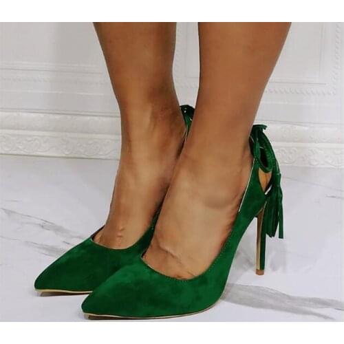 Dipsloot Fashion Woman Green Suede Pointed Toe Hollow Out Fringe Shallow Pumps Party Cuts Out Back Slip On Thin Heels Shoes