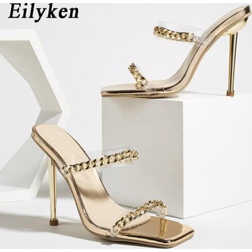 Eilyken New Sexy PVC Transparent Slippers Summer Fashion Gold Chain Design Square Toe Metal High Heels Women Mules Slides Shoes