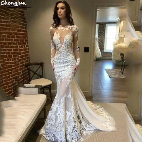 Chengjun Elegant Women Guest Long Sleeve Lace Ivory Modern Mermaid Wedding Dresses