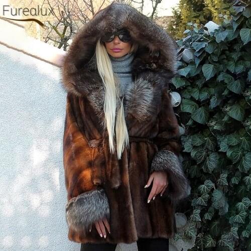 FUREALUX 2021 New Authentic Real Mink Fur Coat With Fox Hat Leader Mouth Womens Thick Warm Parka European Street Style Jacket