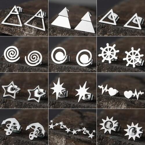 Goden Geometry Stainless Steel Star Sun Star Earrings Minimalism Petagram Heartbeat Triangle Studs Earring Small Birthday Gift