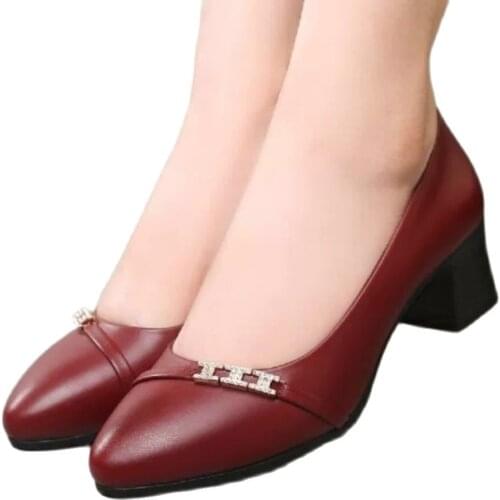 PU Leather Mid-Heels Lady Pointed Toe Thick Pumps Top 2020 Girls Cool Party Casual Shoes Woman Cheap