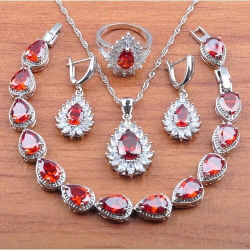 Class ic Water Drop Red Zirconia Silver Plated Jewelry Sets Bridal Jewelry Earrings Pendant Rings Bracelet Set JS0390
