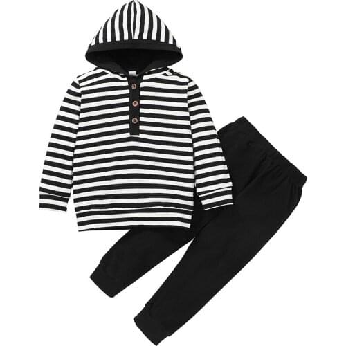 New Boys Clothes Set, Striped Long Sleeve Hooded Tops with Buttons + Solid Color Trousers
